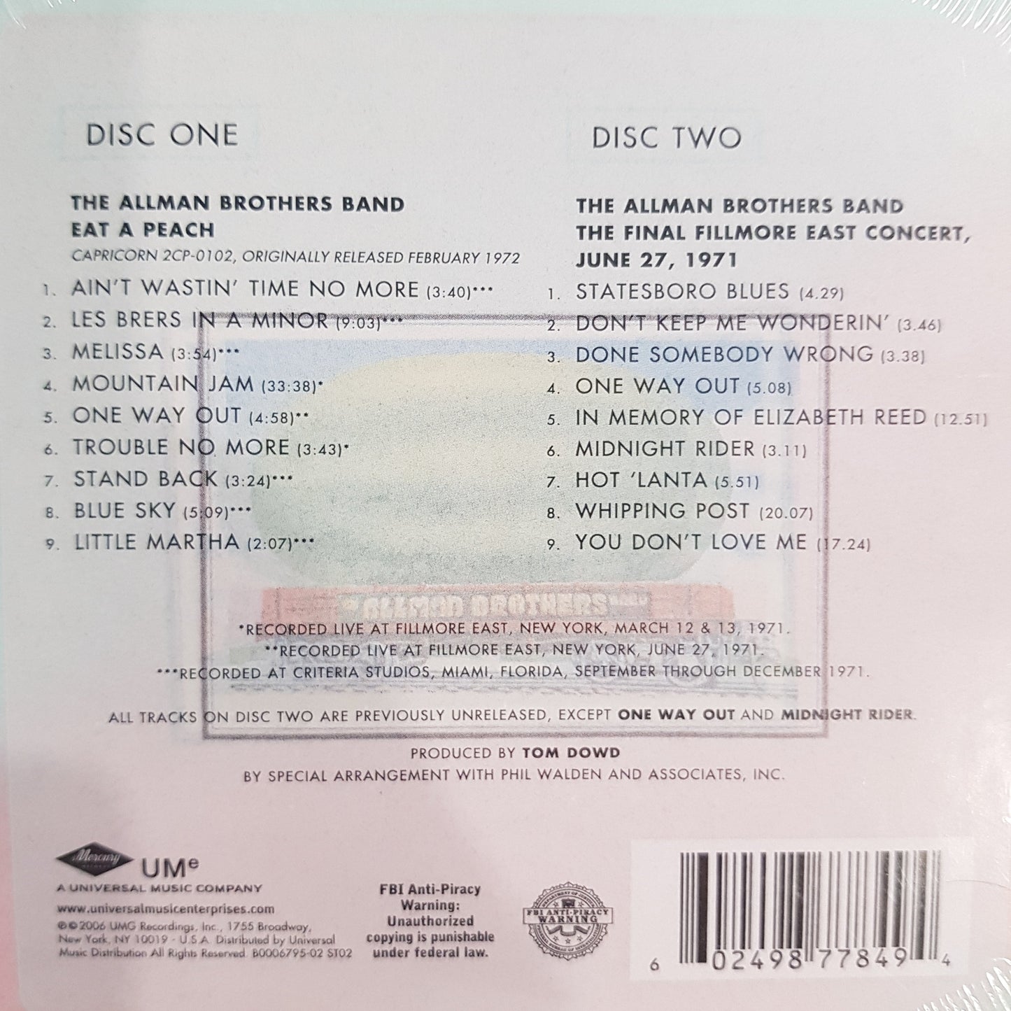 ALLMAN BROTHERS BAND - EAT A PEACH (2CD)